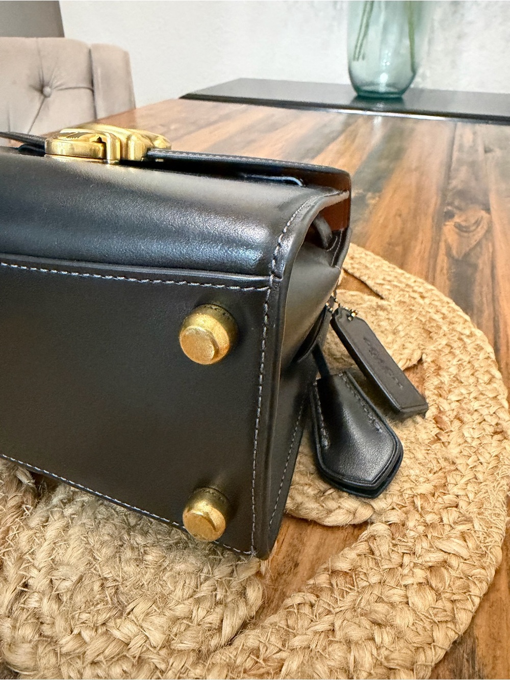 Coach Black Leather Top-Handle Bag with Gold 'C' Accent - Picture 7 of 11